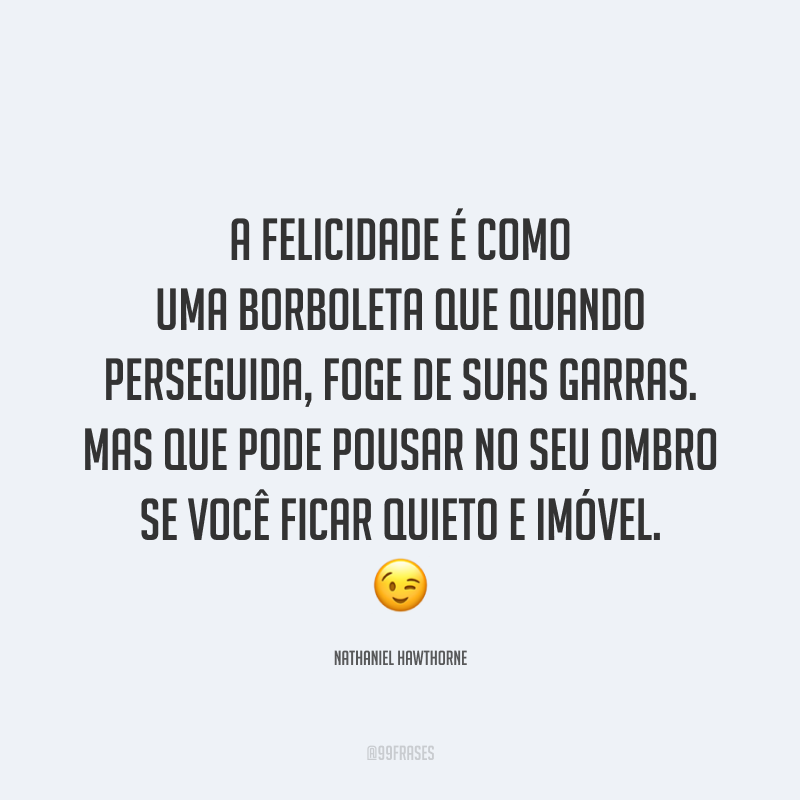 A felicidade é como uma borboleta que quando perseguida, foge de suas garras. Mas que pode pousar no seu ombro se você ficar quieto e imóvel. 😉