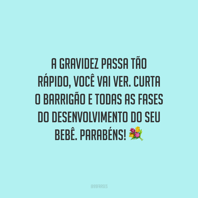 A gravidez passa tão rápido, você vai ver. Curta o barrigão e todas as fases do desenvolvimento do seu bebê. Parabéns!