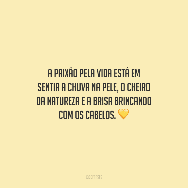A paixão pela vida está em sentir a chuva na pele, o cheiro da natureza e a brisa brincando com os cabelos.