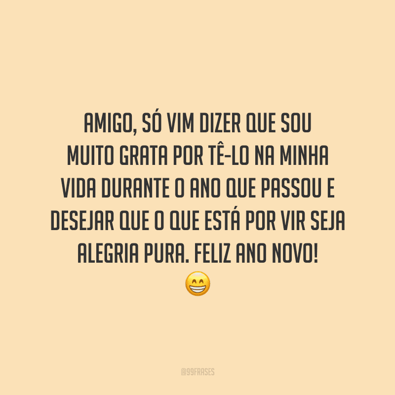 Amigo, só vim dizer que sou muito grata por tê-lo na minha vida durante o ano que passou e desejar que o que está por vir seja alegria pura. Feliz Ano Novo!