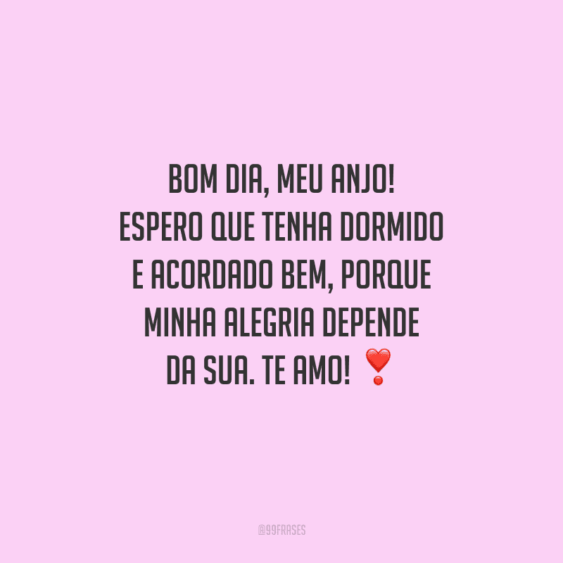 Bom dia, meu anjo! Espero que tenha dormido e acordado bem, porque minha alegria depende da sua. Te amo! 