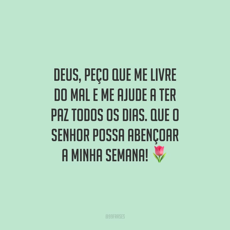 Deus, peço que me livre do mal e me ajude a ter paz todos os dias. Que o Senhor possa abençoar a minha semana!