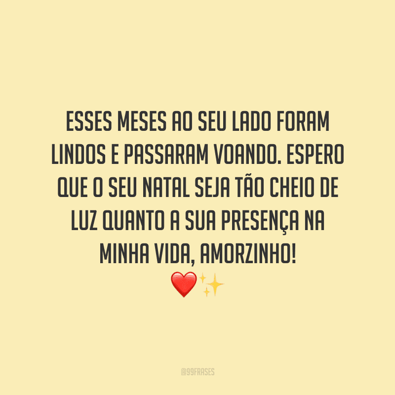 Esses meses ao seu lado foram lindos e passaram voando. Espero que o seu Natal seja tão cheio de luz quanto a sua presença na minha vida, amorzinho! 