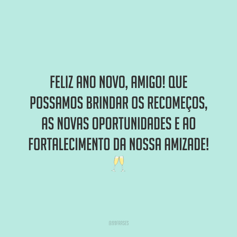 Feliz Ano Novo, amigo! Que possamos brindar os recomeços, as novas oportunidades e ao fortalecimento da nossa amizade!
