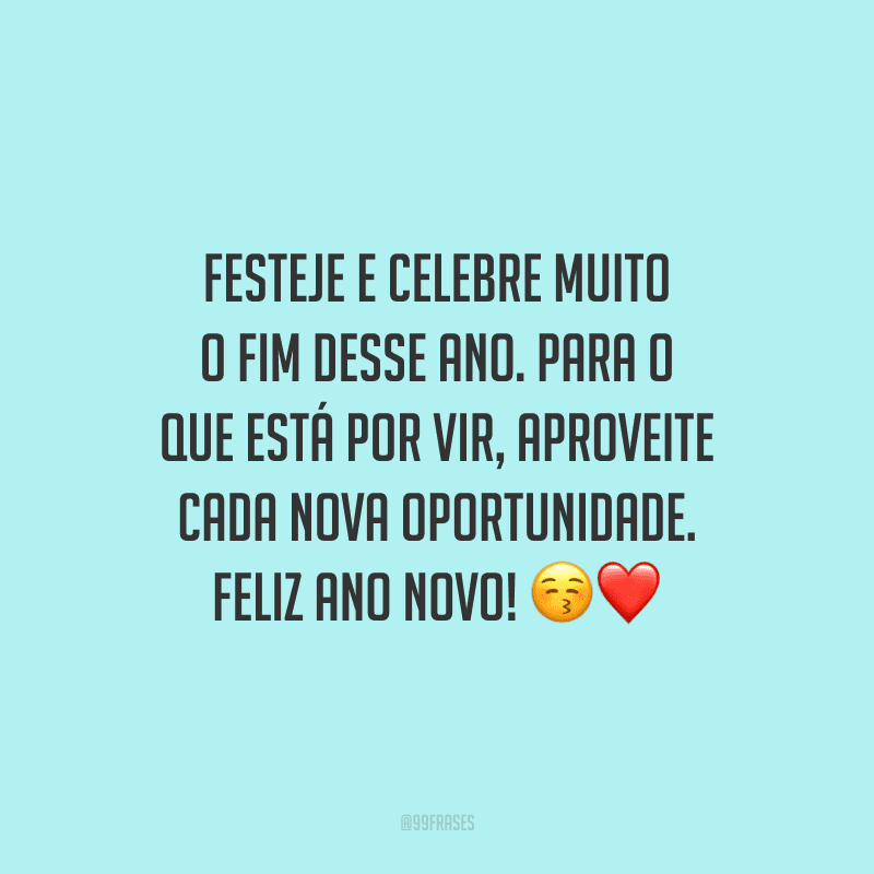 Festeje e celebre muito o fim desse ano. Para o que está por vir, aproveite cada nova oportunidade. Feliz Ano Novo!