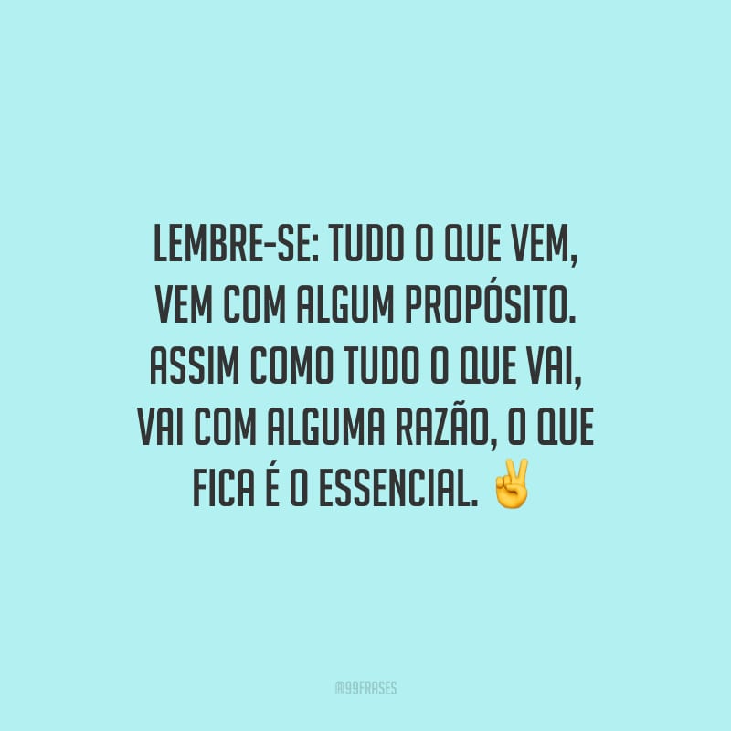 Lembre-se: tudo o que vem, vem com algum propósito. Assim como tudo o que vai, vai com alguma razão, o que fica é o essencial.