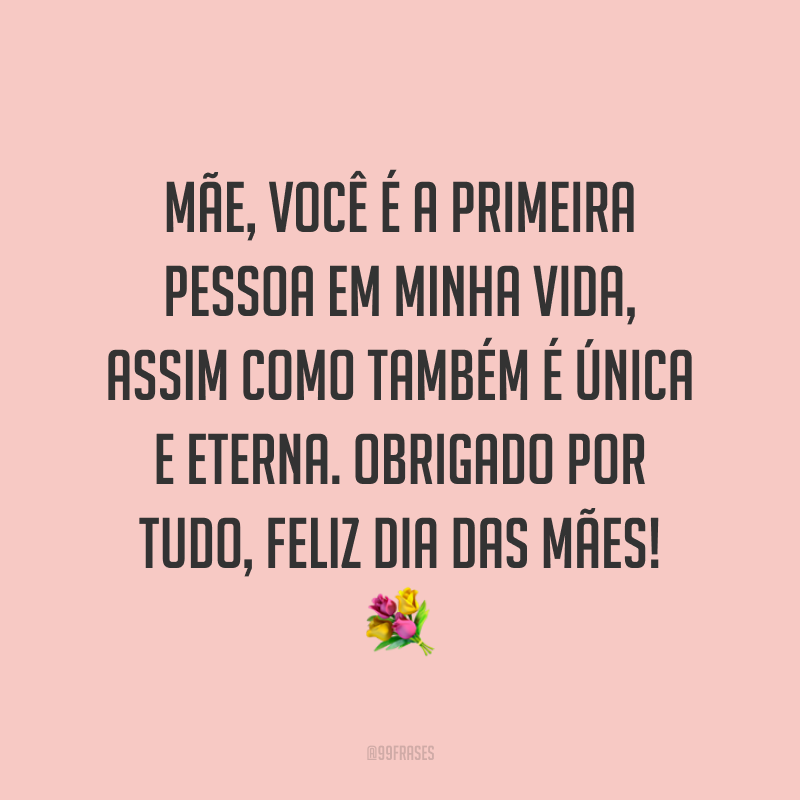 Mãe, você é a primeira pessoa em minha vida, assim como também é única e eterna. Obrigado por tudo, Feliz Dia das Mães! ?
