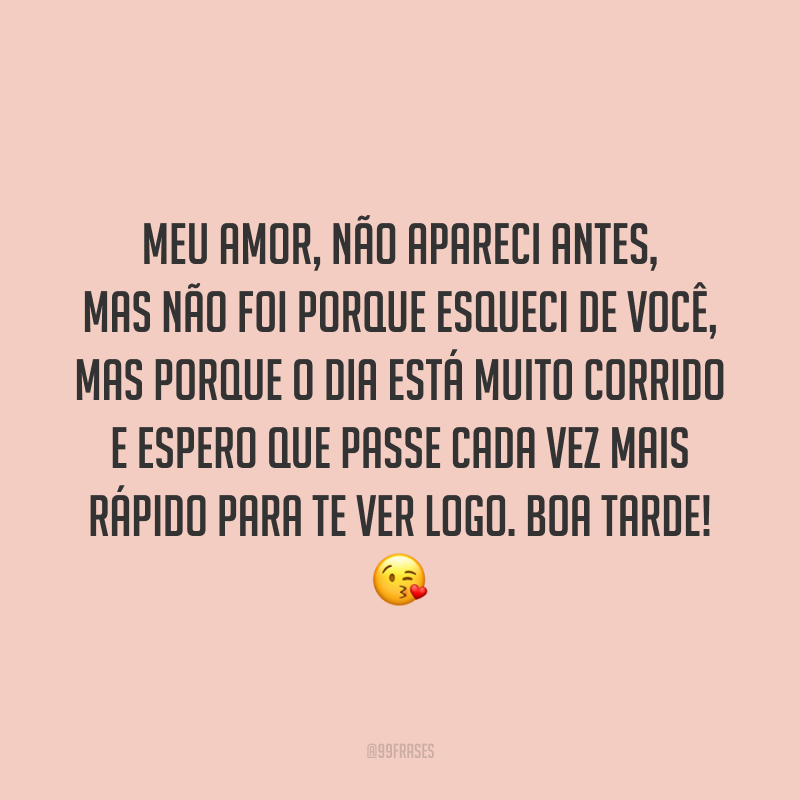 Meu amor, não apareci antes, mas não foi porque esqueci de você, mas porque o dia está muito corrido e espero que passe cada vez mais rápido para te ver logo. Boa tarde! 😘