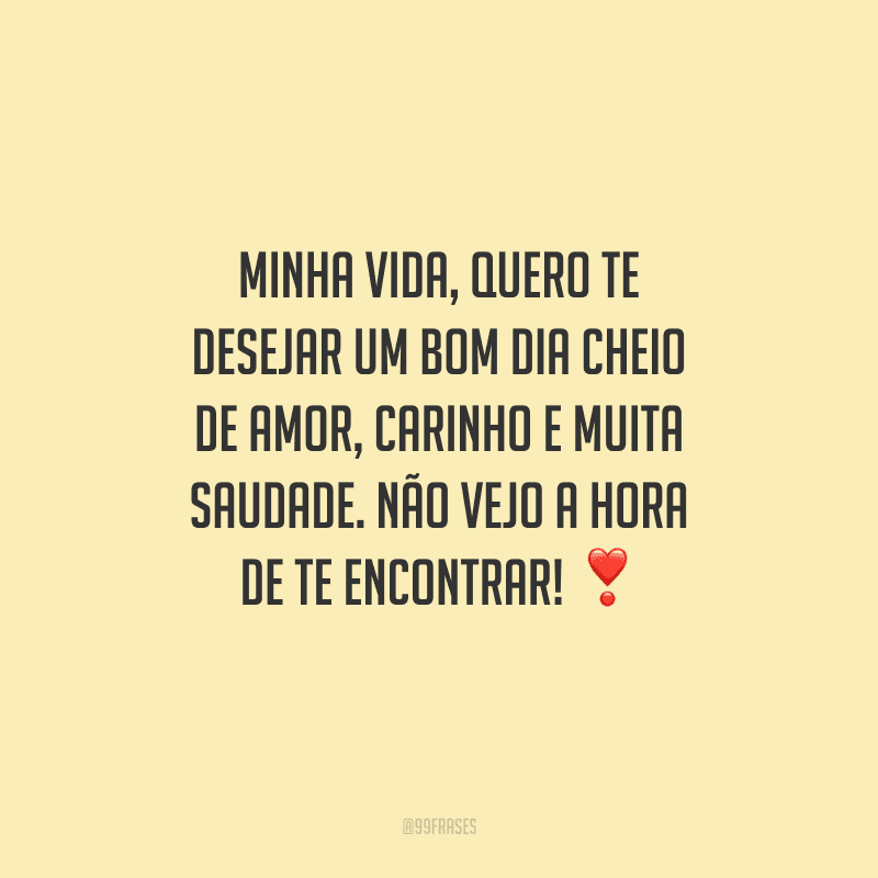 Minha vida, quero te desejar um bom dia cheio de amor, carinho e muita saudade. Não vejo a hora de te encontrar! 