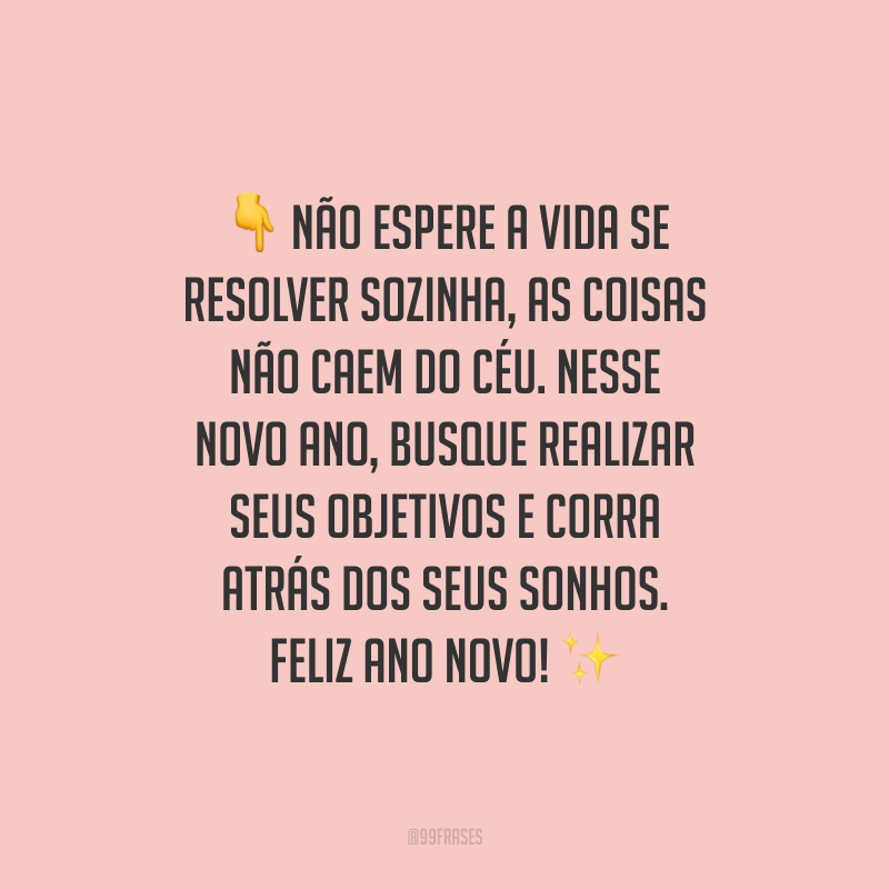 Não espere a vida se resolver sozinha, as coisas não caem do céu. Nesse novo ano, busque realizar seus objetivos e corra atrás dos seus sonhos. Feliz Ano Novo!