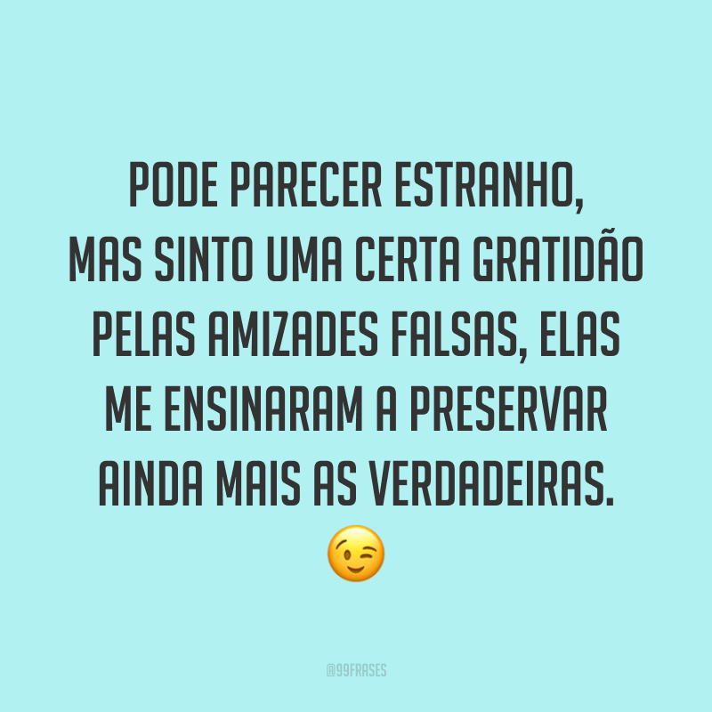 Pode parecer estranho, mas sinto uma certa gratidão pelas amizades falsas, elas me ensinaram a preservar ainda mais as verdadeiras. 😉