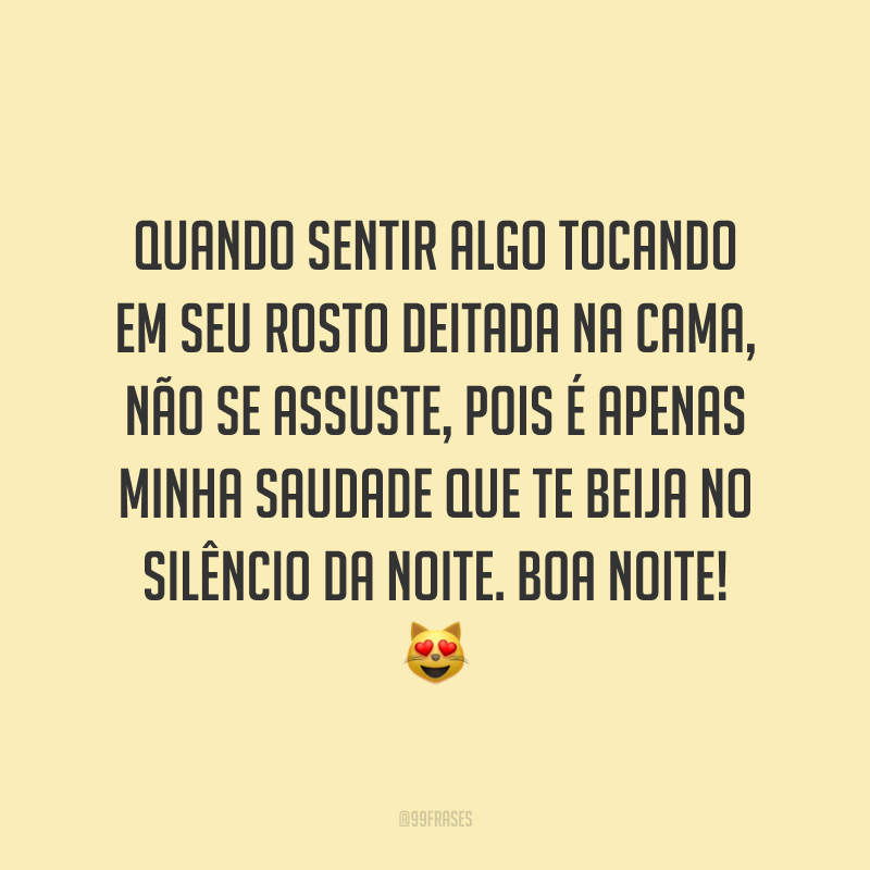 Quando sentir algo tocando em seu rosto deitada na cama, não se assuste, pois é apenas minha saudade que te beija no silêncio da noite. Boa noite! 😻