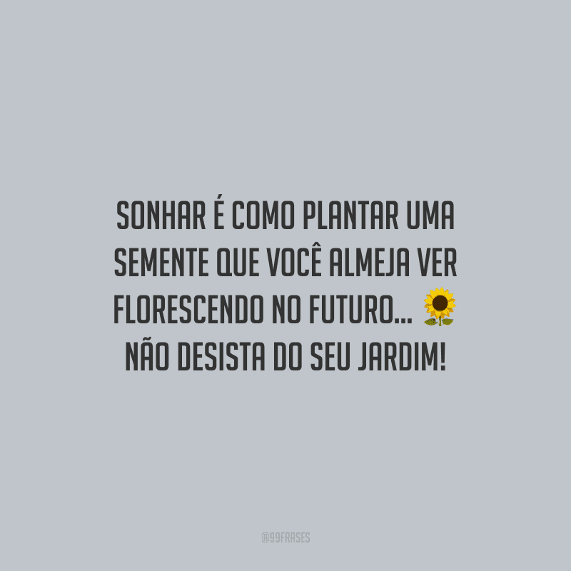 Sonhar é como plantar uma semente que você almeja ver florescendo no futuro... Não desista do seu jardim!