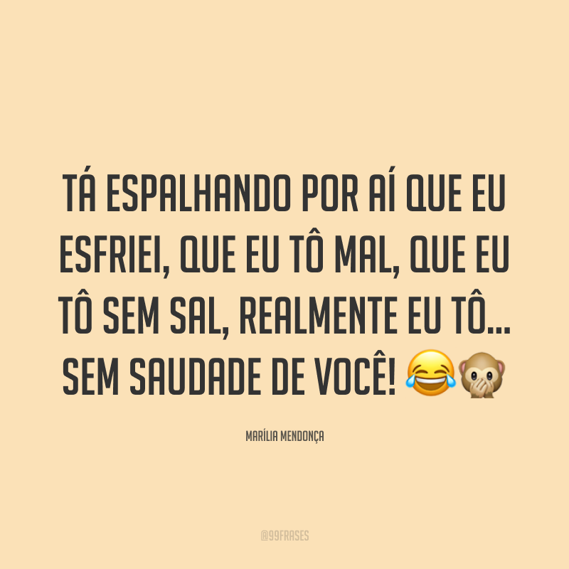 Tá espalhando por aí que eu esfriei, que eu tô mal, que eu tô sem sal, realmente eu tô... Sem saudade de você! 😂🙊