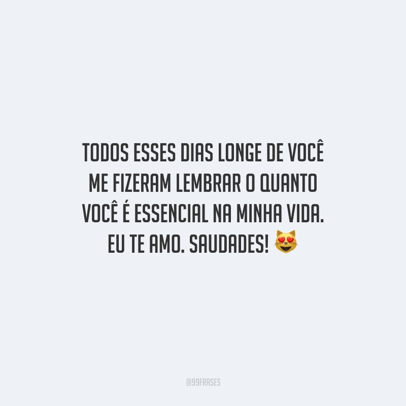Todos esses dias longe de você me fizeram lembrar o quanto você é essencial na minha vida. Eu te amo. Saudades! 