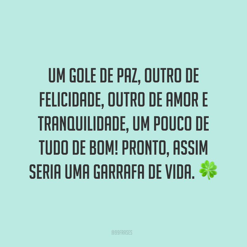 Um gole de paz, outro de felicidade, outro de amor e tranquilidade, um pouco de tudo de bom! Pronto, assim seria uma garrafa de vida. ?