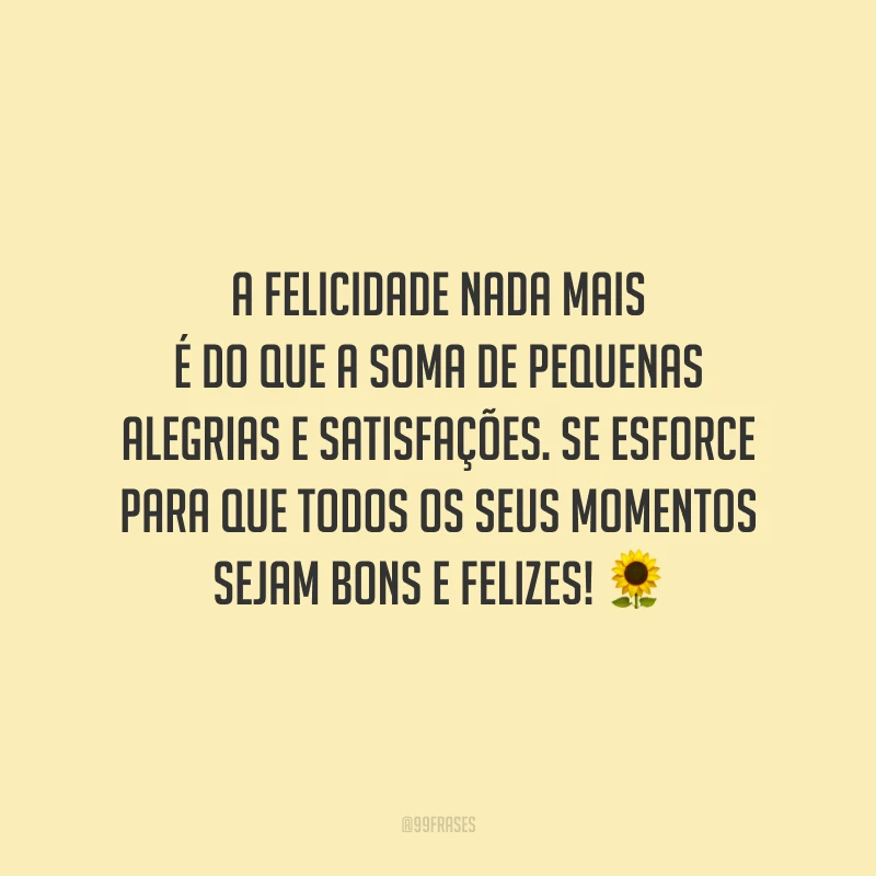 A felicidade nada mais é do que a soma de pequenas alegrias e satisfações. Se esforce para que todos os seus momentos sejam bons e felizes!