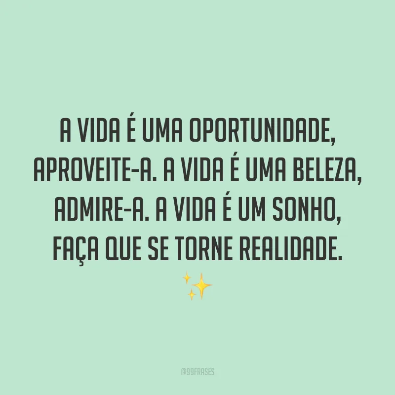A vida é uma oportunidade, aproveite-a. A vida é uma beleza, admire-a. A vida é um sonho, faça que se torne realidade. ✨