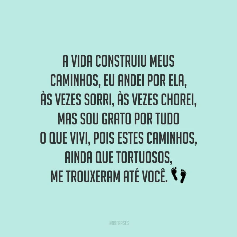 A vida construiu meus caminhos, eu andei por ela, às vezes sorri, às vezes chorei, mas sou grato por tudo o que vivi, pois estes caminhos, ainda que tortuosos, me trouxeram até você.