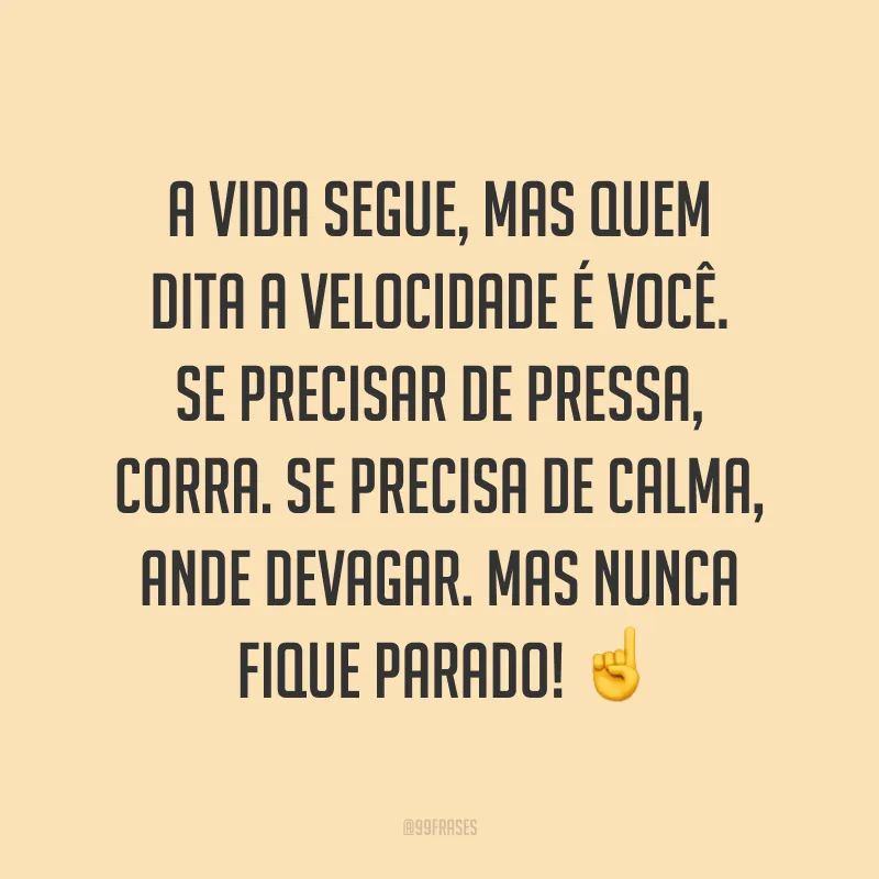 A vida segue, mas quem dita a velocidade é você. Se precisar de pressa, corra. Se precisa de calma, ande devagar. Mas nunca fique parado! ☝