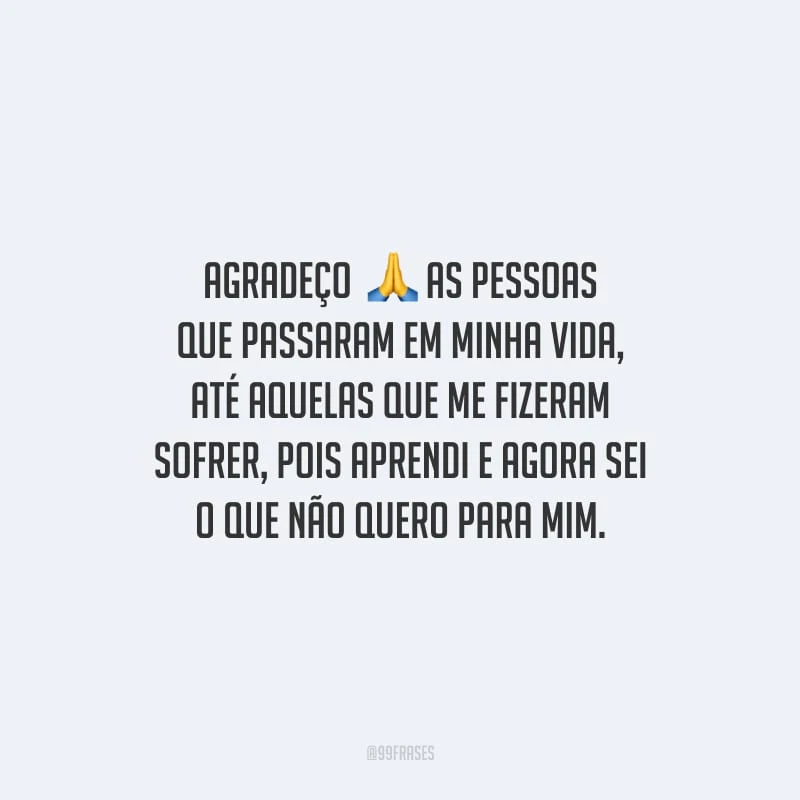 Agradeço as pessoas que passaram em minha vida, até aquelas que me fizeram sofrer, pois aprendi e agora sei o que não quero para mim.