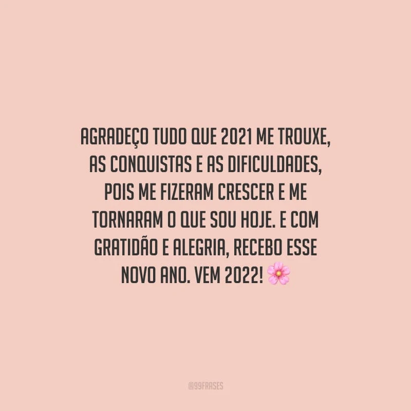 Agradeço tudo que 2021 me trouxe, as conquistas e as dificuldades, pois me fizeram crescer e me tornaram o que sou hoje. E com gratidão e alegria, recebo esse novo ano. Vem 2022!