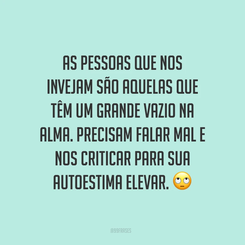As pessoas que nos invejam são aquelas que têm um grande vazio na alma. Precisam falar mal e nos criticar para sua autoestima elevar. ?