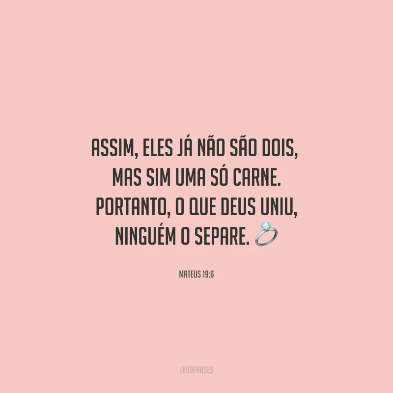 Assim, eles já não são dois, mas sim uma só carne. Portanto, o que Deus uniu, ninguém o separe.
