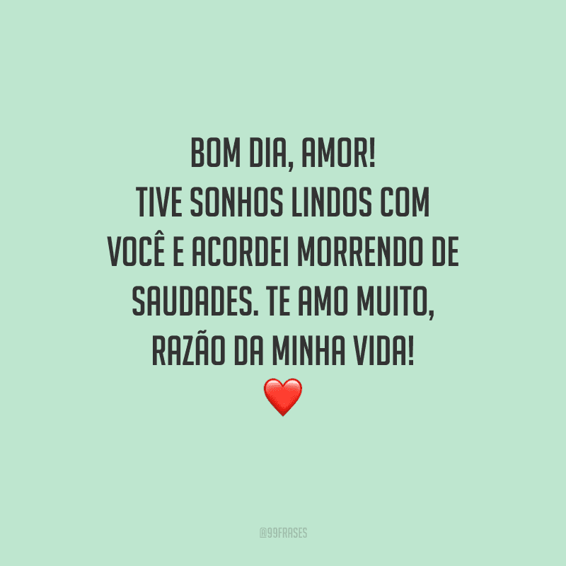 Bom dia, amor! Tive sonhos lindos com você e acordei morrendo de saudades. Te amo muito, razão da minha vida! 