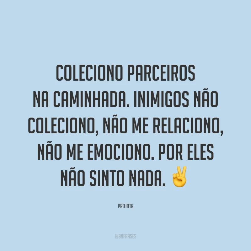 Coleciono parceiros na caminhada. Inimigos não coleciono, não me relaciono, não me emociono. Por eles não sinto nada. ✌️