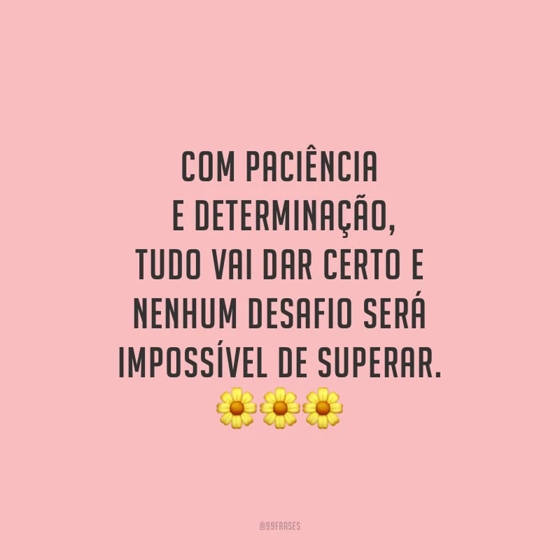Com paciência e determinação, tudo vai dar certo e nenhum desafio será impossível de superar.