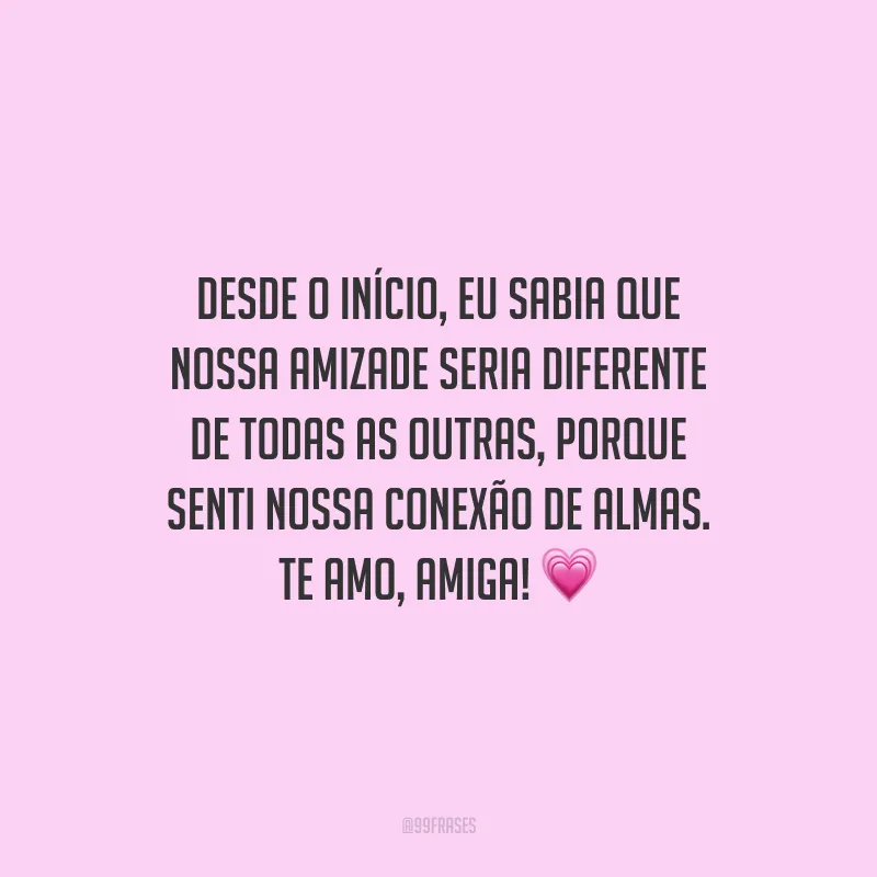 Desde o início, eu sabia que nossa amizade seria diferente de todas as outras, porque senti nossa conexão de almas. Te amo, amiga!
