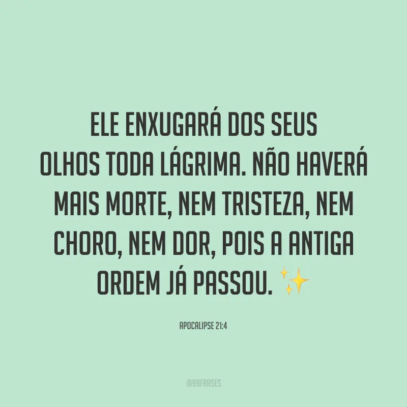 Ele enxugará dos seus olhos toda lágrima. Não haverá mais morte, nem tristeza, nem choro, nem dor, pois a antiga ordem já passou. ✨