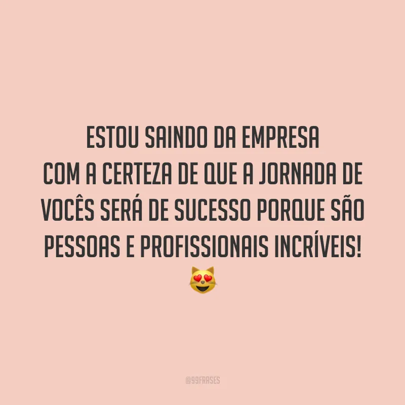 Estou saindo da empresa com a certeza de que a jornada de vocês será de sucesso porque são pessoas e profissionais incríveis! 😻