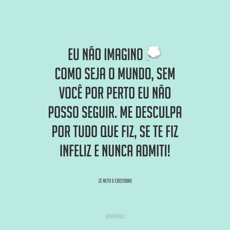 Eu não imagino como seja o mundo, sem você por perto eu não posso seguir. Me desculpa por tudo que fiz, se te fiz infeliz e nunca admiti!