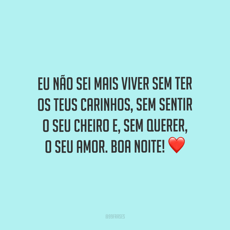 Eu não sei mais viver sem ter os teus carinhos, sem sentir o seu cheiro e, sem querer, o seu amor. Boa noite! 