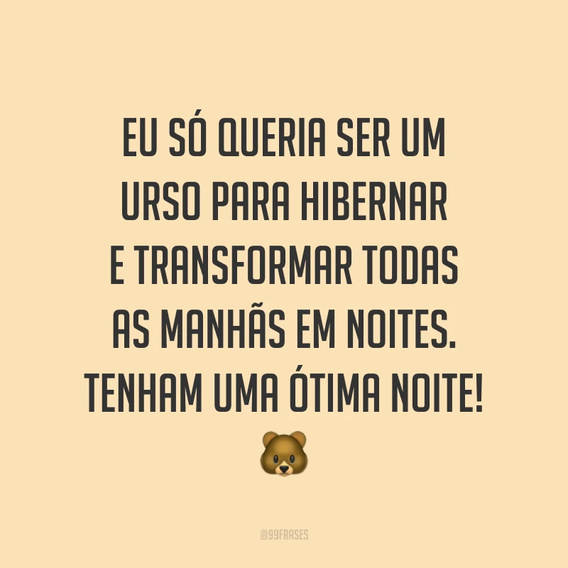 Eu só queria ser um urso para hibernar e transformar todas as manhãs em noites. Tenham uma ótima noite! ?