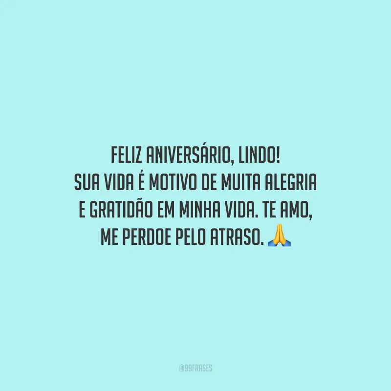 Feliz aniversário, lindo! Sua vida é motivo de muita alegria e gratidão em minha vida. Te amo, me perdoe pelo atraso.