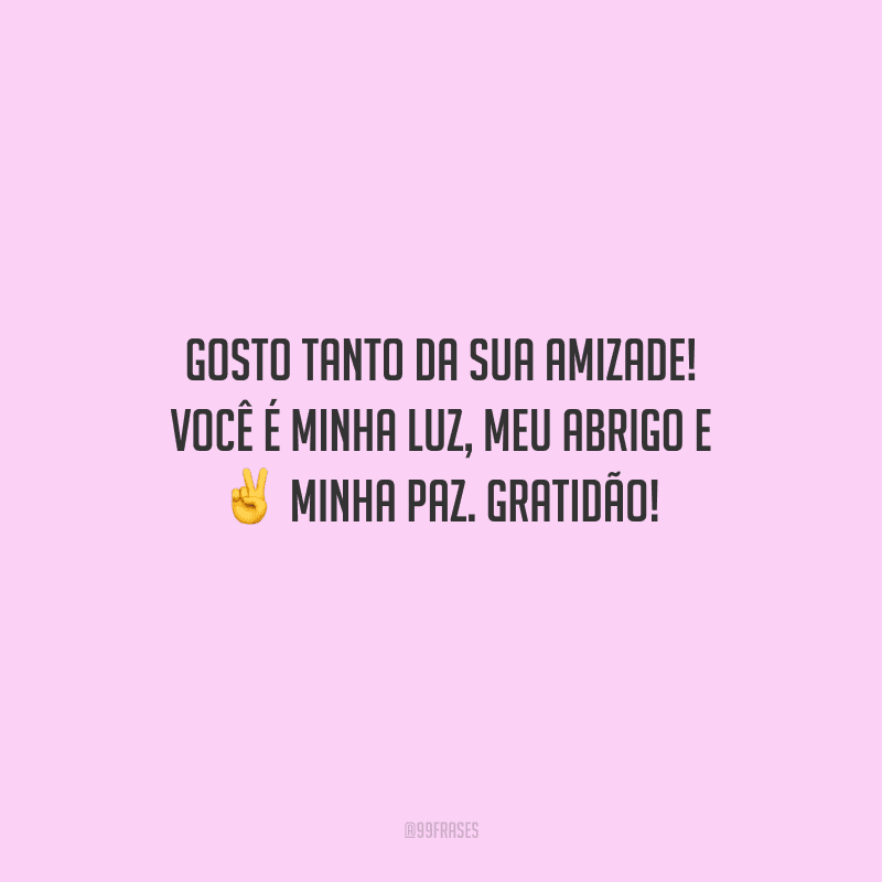 Gosto tanto da sua amizade! Você é minha luz, meu abrigo e minha paz. Gratidão!