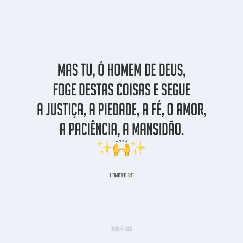 Mas tu, ó homem de Deus, foge destas coisas e segue a justiça, a piedade, a fé, o amor, a paciência, a mansidão.