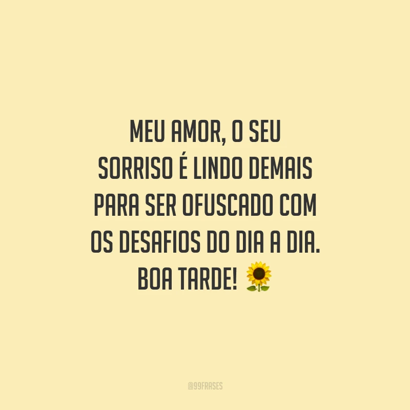 Meu amor, o seu sorriso é lindo demais para ser ofuscado com os desafios do dia a dia. Boa tarde!
