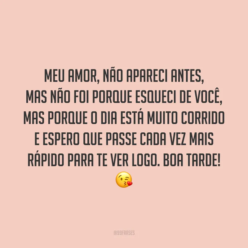 Meu amor, não apareci antes, mas não foi porque esqueci de você, mas porque o dia está muito corrido e espero que passe cada vez mais rápido para te ver logo. Boa tarde! 😘