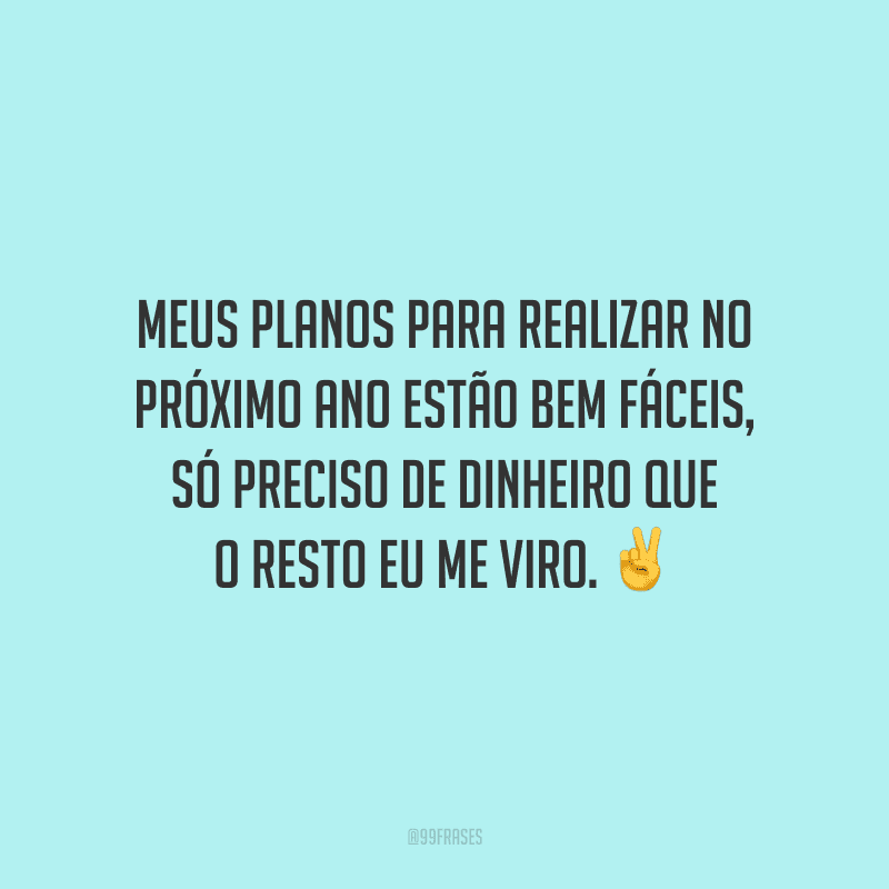 Meus planos para realizar no próximo ano estão bem fáceis, só preciso de dinheiro que o resto eu me viro.