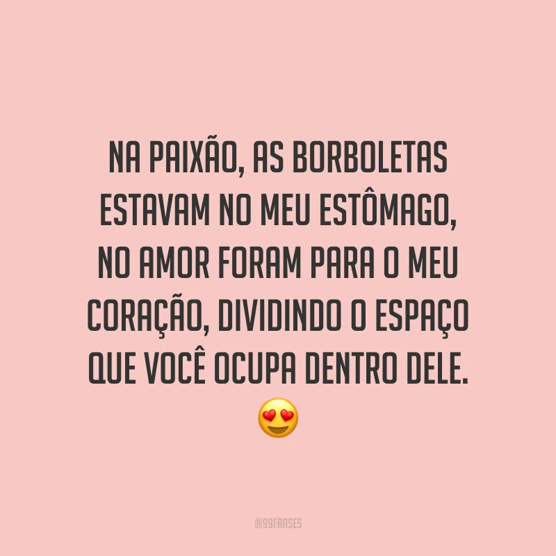 Na paixão, as borboletas estavam no meu estômago, no amor foram para o meu coração, dividindo o espaço que você ocupa dentro dele. 😍