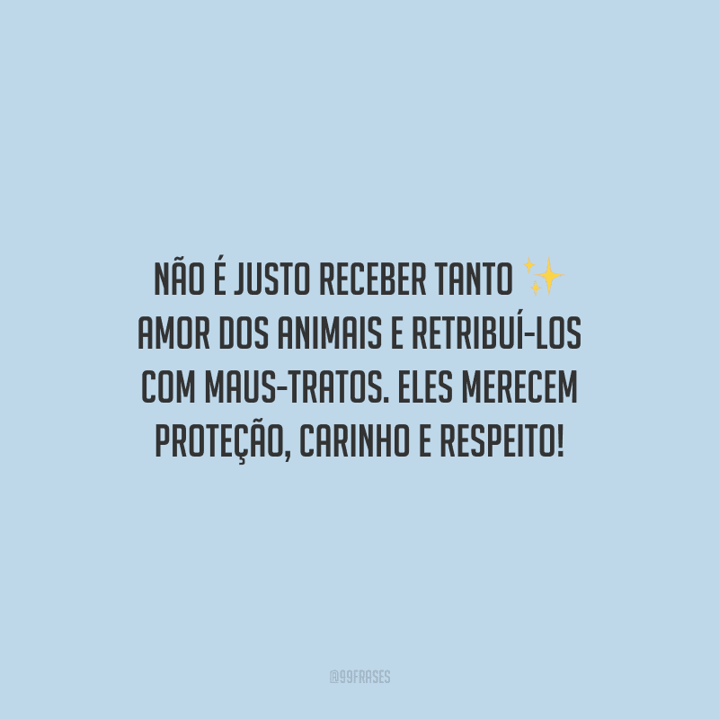 Não é justo receber tanto amor dos animais e retribuí-los com maus-tratos. Eles merecem proteção, carinho e respeito!