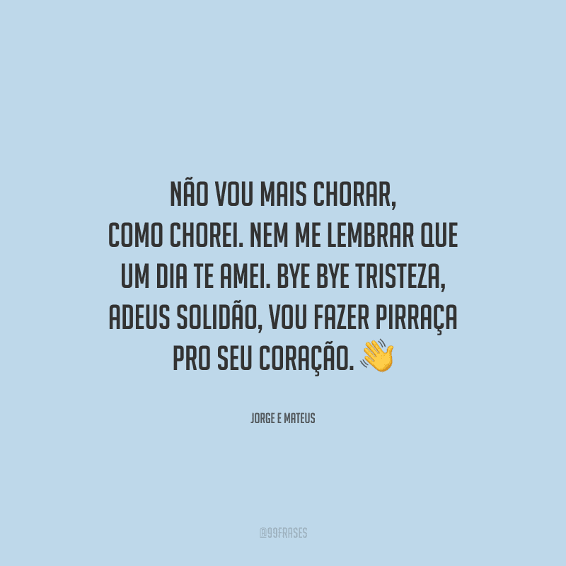 Não vou mais chorar, como chorei. Nem me lembrar que um dia te amei. Bye bye tristeza, adeus solidão, vou fazer pirraça pro seu coração. 