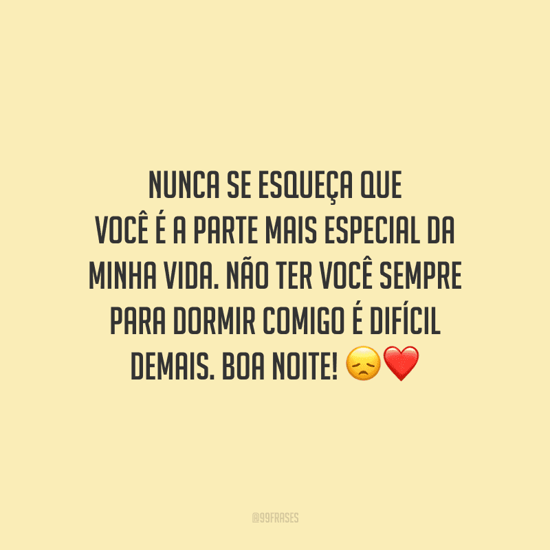Nunca se esqueça que você é a parte mais especial da minha vida. Não ter você sempre para dormir comigo é difícil demais. Boa noite! 