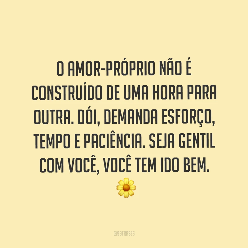 O amor-próprio não é construído de uma hora para outra. Dói, demanda esforço, tempo e paciência. Seja gentil com você, você tem ido bem. ?