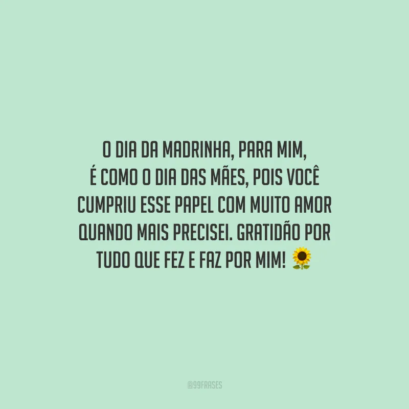 O Dia da Madrinha, para mim, é como o Dia das Mães, pois você cumpriu esse papel com muito amor quando mais precisei. Gratidão por tudo que fez e faz por mim!