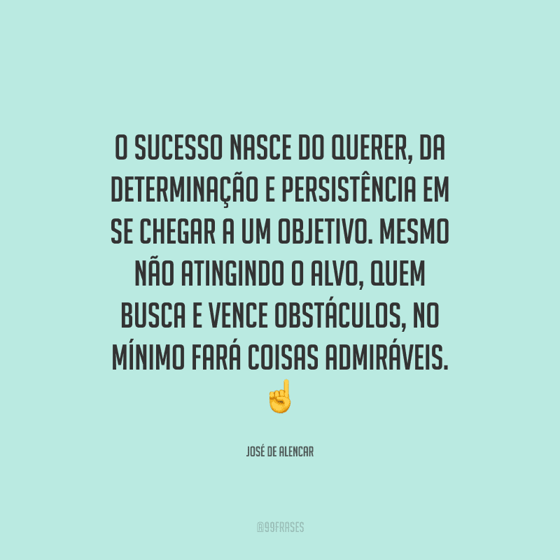 O sucesso nasce do querer, da determinação e persistência em se chegar a um objetivo. Mesmo não atingindo o alvo, quem busca e vence obstáculos, no mínimo fará coisas admiráveis. 